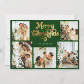 Retro Groen en Goud Vrolijk Kerstfeest Familiefoto Feestdagenkaart (Voorkant)