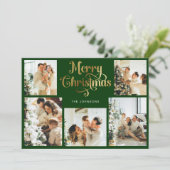 Retro Groen en Goud Vrolijk Kerstfeest Familiefoto Feestdagenkaart (Staand voorkant)