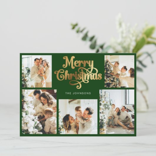 Retro Groen en Goud Vrolijk Kerstfeest Familiefoto Feestdagenkaart (Staand voorkant)