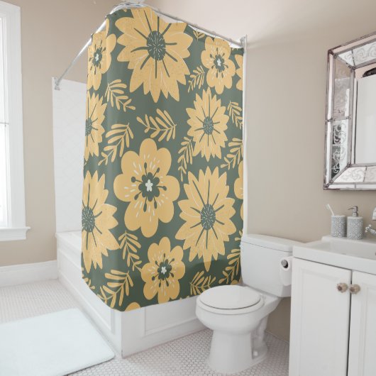 Retro  Groen Geel Bloemen Douchegordijn (In situ)