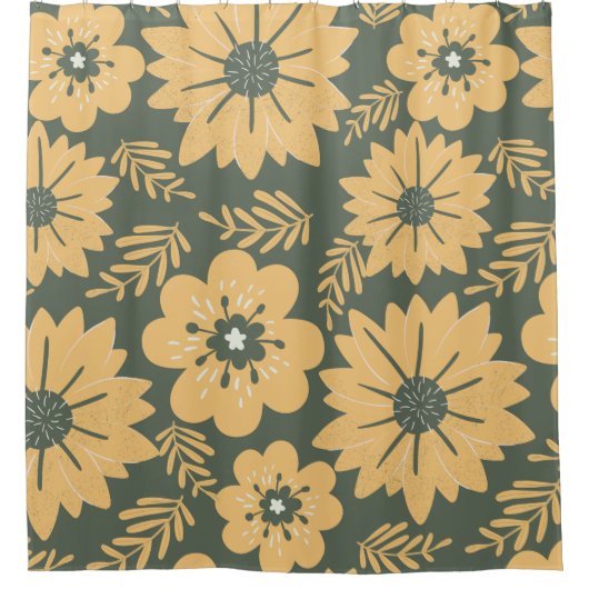 Retro  Groen Geel Bloemen Douchegordijn (Voorkant)