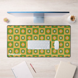 Retro Groen Geel Groovy Bloem Script Naam Bureaumat