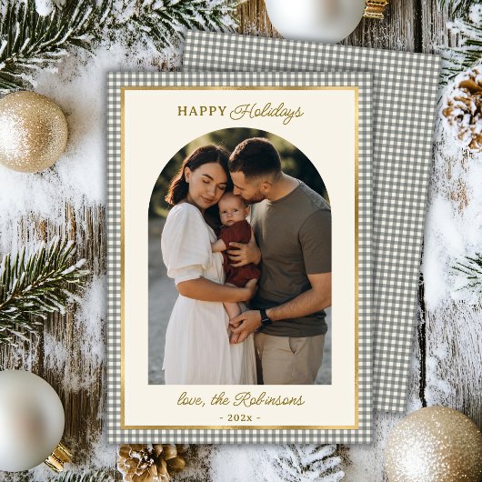 Retro Groen Goud Geplaagd Boog Foto Kerst Gelukkig Feestdagenkaart