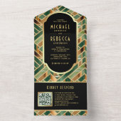 Retro Groen Goud Marmer Art Deco QR Code Bruiloft All In One Uitnodiging (Binnen)