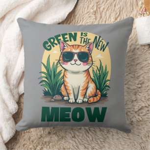 Retro "Groen is de nieuwe miauw" Cool Cat Natuur A Kussen