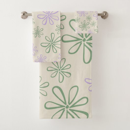 Retro  Groen Paarse Kleine Bloempatroon Bad Handdoek (Insitu)