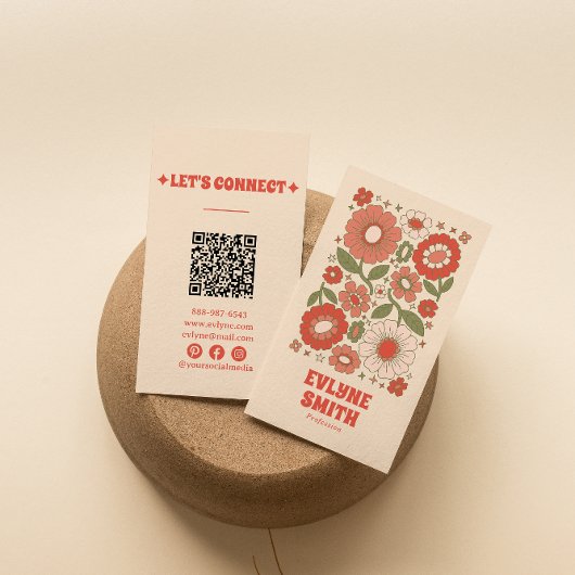 Retro Groen Rood QR Code Groovy Floral Funky Boho Visitekaartje