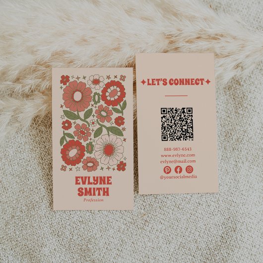Retro Groen Rood QR Code Groovy Floral Funky Boho Visitekaartje