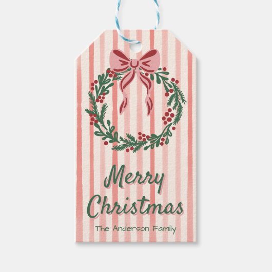 Retro Groen Rood Roze Getrokken Boog Krans Kerst Cadeaulabel (Voorkant)