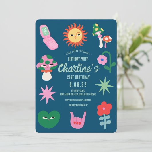 Retro Groen Roze 21e Verjaardagsfeestje Kaart (Staand voorkant)