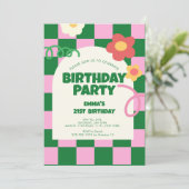 Retro Groen Roze Checker 21e Verjaardagsfeestje Kaart (Staand voorkant)