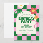 Retro Groen Roze Checker 21e Verjaardagsfeestje Kaart (Voorkant / Achterkant)