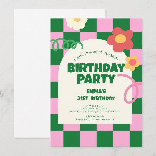 Retro Groen Roze Checker 21e Verjaardagsfeestje Kaart (Voorkant / Achterkant)