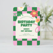 Retro Groen Roze Checker Patroon Verjaardagsfeest Kaart (Staand voorkant)