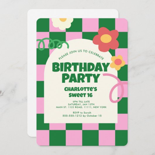Retro Groen Roze Checker Sweet 16 Verjaardagsfeest Kaart (Voorkant / Achterkant)
