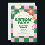 Retro Groen Roze Checker Sweet 16 Verjaardagsfeest Kaart<br><div class="desc">Retro Groen Roze Checker Patroon Verjaardagsfeest</div>