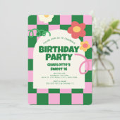 Retro Groen Roze Checker Sweet 16 Verjaardagsfeest Kaart (Staand voorkant)