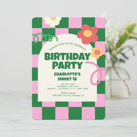Retro Groen Roze Checker Sweet 16 Verjaardagsfeest Kaart (Staand voorkant)