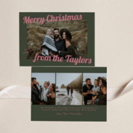 Retro Groen & Roze Foto Kerst Feestdagenkaart