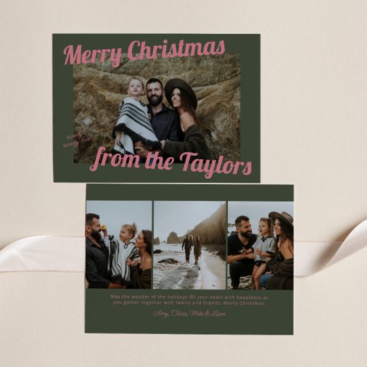 Retro  Groen & Roze Foto Kerst Feestdagenkaart