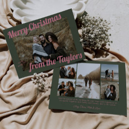 Retro Groen & Roze Foto Kerst Feestdagenkaart