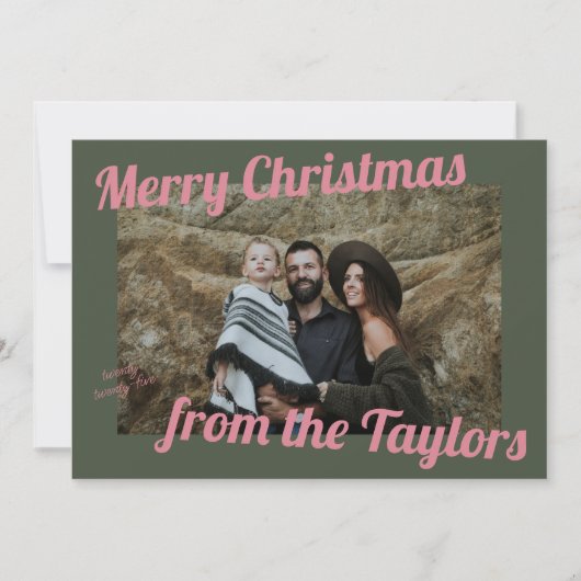 Retro  Groen & Roze Foto Kerst Feestdagenkaart (Voorkant)