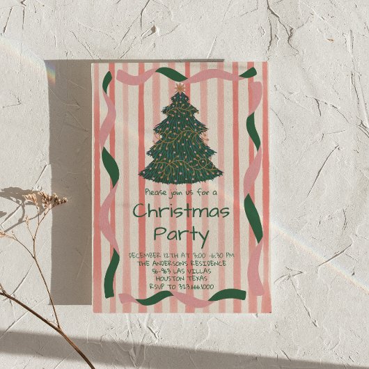 Retro Groen Roze Hand Getrokken Kerstboom Party Kaart