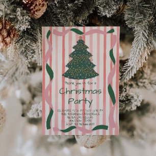 Retro Groen Roze Hand Getrokken Kerstboom Party Kaart