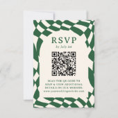 Retro Groen Schachboard QR Code Trouwen RSVP Kaartje (Voorkant)
