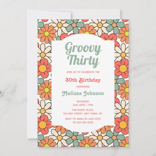Retro Groen Sinaasappel Bloemen Groovy 30e Verjaar Kaart (Voorkant)