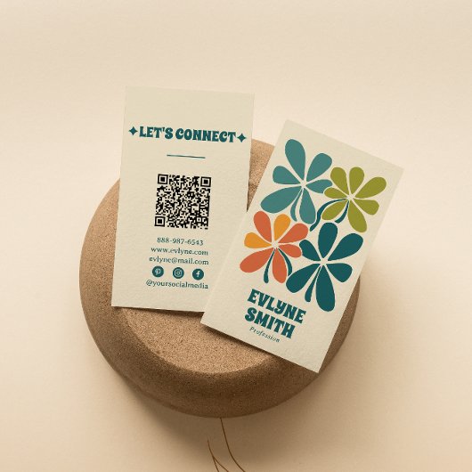 Retro Groen Sinaasappel QR Code Boho Bloemen Uniek Visitekaartje