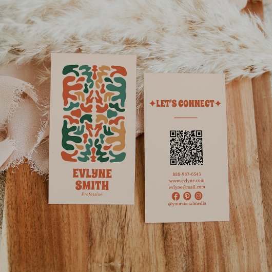 Retro Groen Sinaasappel QR Code Groovy Floral Boho Visitekaartje