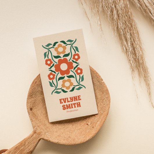 Retro Groen Sinaasappel QR Code Groovy Floral Fun  Visitekaartje