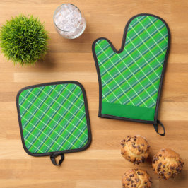 Retro groen wit horizontaal ruitpatroon ovenwant & pannenlap set