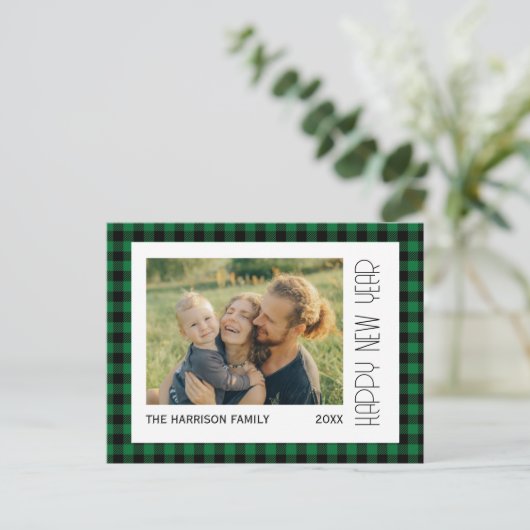 Retro Groen Zwart Gingham Plaid Nieuwjaar Foto Briefkaart (Staand voorkant)