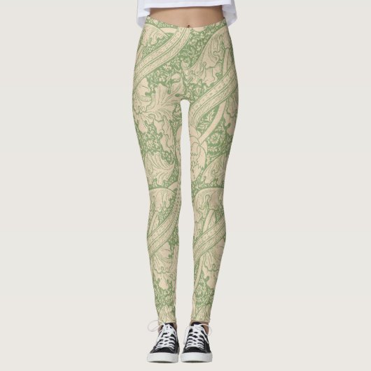 Retro groene bloemige krul leggings (Voorkant)