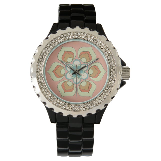 retro groene bloempatroon horloge (Voorkant)