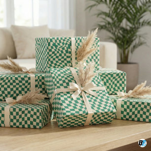 Retro groene crème golvende vervormde schaakbordpa cadeaupapier