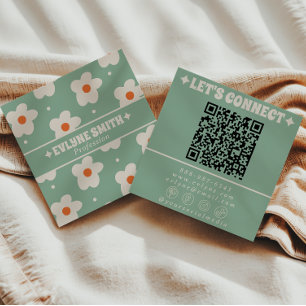 Retro Groene Crème QR Code Groovy Bloemige Trendy Vierkante Visitekaartje