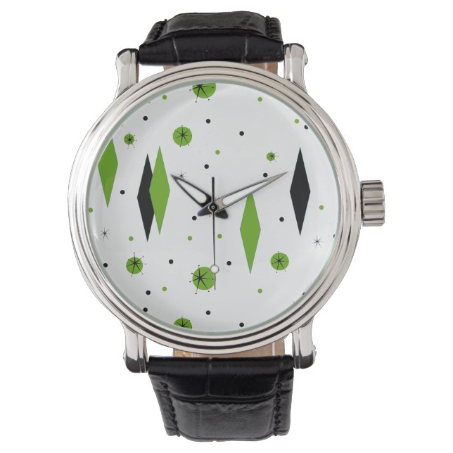 Retro Groene Diamanten & Starbursts Horloge (Voorkant)