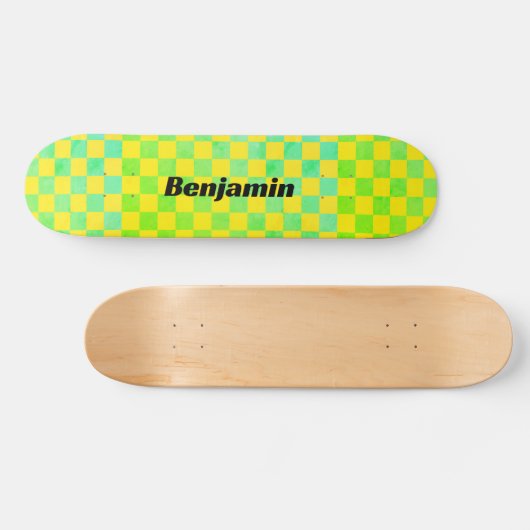 Retro Groene en Gele Checkerboard School Persoonlijk Skateboard (Horizontaal)