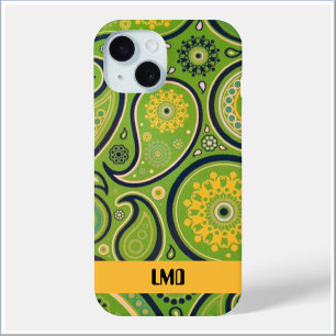 Retro groene en gele paisley ontwerp iPhone 15 case