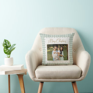 Retro groene geruite gepersonaliseerde foto Kerstm Kussen