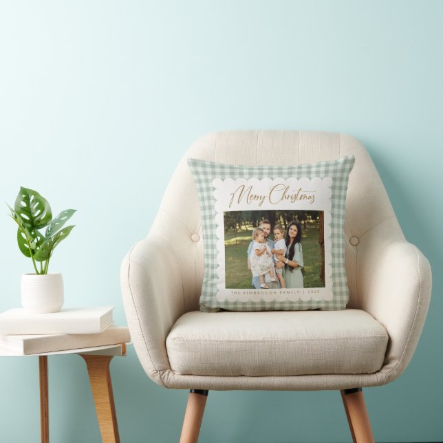 Retro groene geruite gepersonaliseerde foto Kerstm Kussen (Stoel)