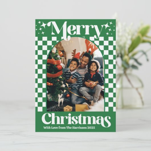 Retro groene geruite kerst plat kaart (Staand voorkant)