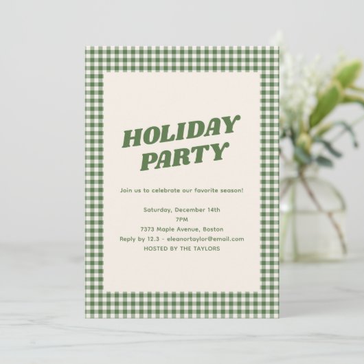 Retro groene geruite kerstfeest uitnodiging (Staand voorkant)