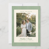 Retro groene geruite ruitpatroon foto bruiloft save the date (Voorkant)