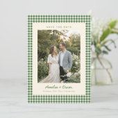 Retro groene geruite ruitpatroon foto bruiloft save the date (Staand voorkant)