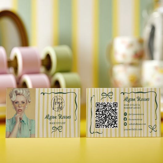 Retro groene gestreepte quirky haar foto qr code L Visitekaartje