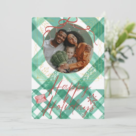 Retro groene gingham feestdagenkaart (Staand voorkant)